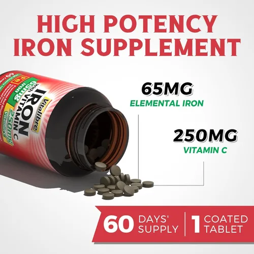 Miniatura 2 de Suplemento de hierro, 65 mg de hierro carbonilo con 250 mg de vitamina C, píldoras de hierro amigables con el estómago para mujeres y hombres, alta