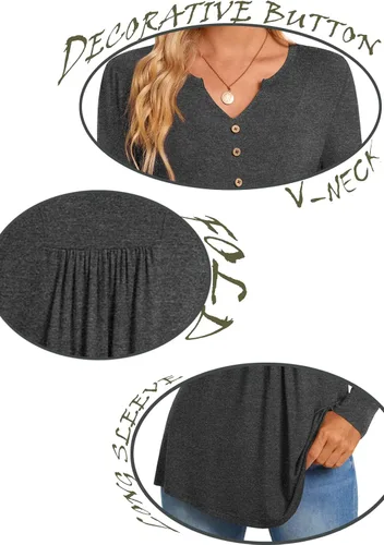 Miniatura 5 de CATHY Blusa tipo túnica de manga larga para mujer, cuello en V, con botones, informal, plisada, básica