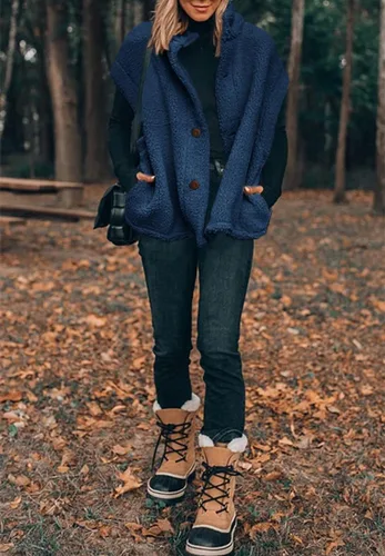 Miniatura 14 de Hongqizo - Chaleco de forro polar mullido para mujer, casual, de gran tamaño, cálido, con botones, chaqueta de sherpa con bolsillos