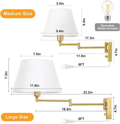 Miniatura 6 de TRLIFE - Apliques de pared regulables enchufables, juego de 2 apliques de pared de latón cepillado con brazo oscilante con cable de enchufe y Dorado