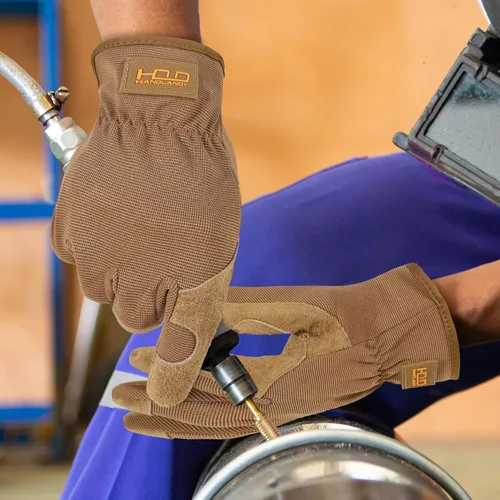 Miniatura 6 de HANDLANDY Guantes de jardinería de cuero para hombre, guantes de trabajo utilitarios para mecánicos, construcción, conductor Caqui (1 par)