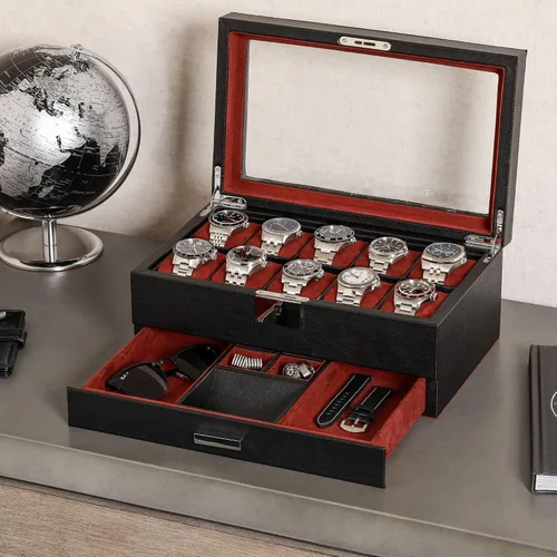 Miniatura 33 de ROTHWELL Caja de reloj de cuero de 10 ranuras con cajón de valet, organizador de exhibición de lujo con forro de microgamuza ultrasuave, soporte