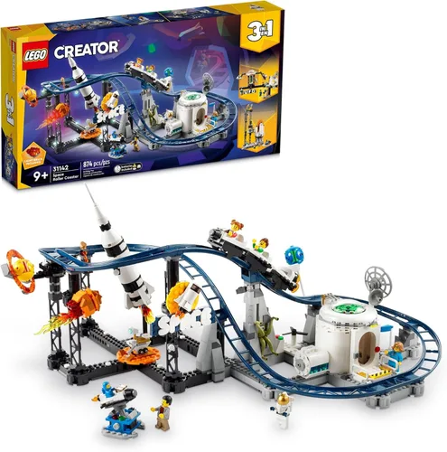 LEGO Creator 31142 - Juego de construcción de montaña rusa espacial 3 en 1 con montaña rusa, torre de caída, carrusel y 5 minifiguras, parque de