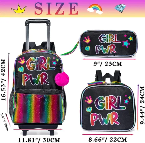 Miniatura 2 de Mochila con ruedas para niñas, mochila escolar con ruedas, bolsa escolar con bolsa de almuerzo y bolsa para lápices, mochila con ruedas para niños