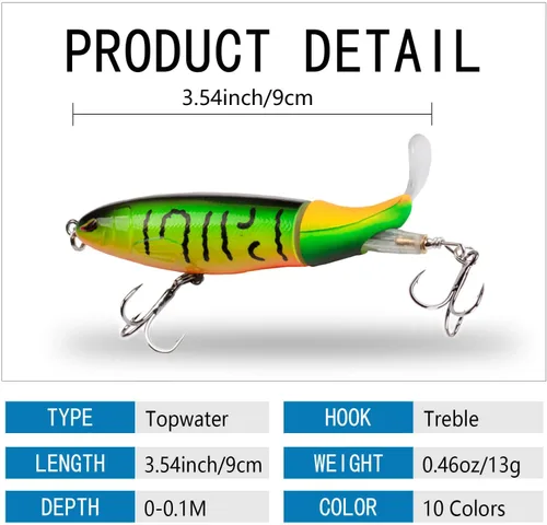 Miniatura 3 de 10Pcs Whopper Señuelo de pesca para lubina señuelos de popper de agua superficial con cola flotante giratoria, anzuelos de triple barba en kit