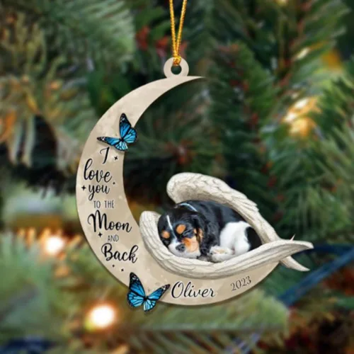 Miniatura 159 de Adorno colgante personalizado de ángel durmiendo en la luna, perro sabueso afgano, nombre personalizado, acrílico impreso en 2D plano – cumpleaños