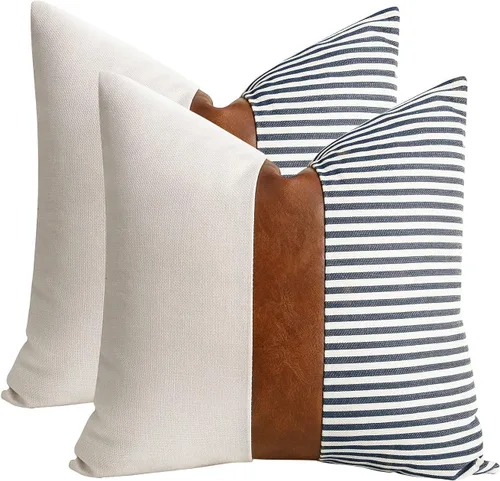 Miniatura 20 de Cygnus - Juego de 2 fundas de almohada de 16 x 16 pulgadas hechas de lino y de la unión de distintas telas con diseño de rayas para decoración Negro