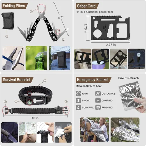 Miniatura 5 de Kit de supervivencia de emergencia de 238 piezas y kit de primeros auxilios, herramienta de equipo de supervivencia profesional con bolsa táctica