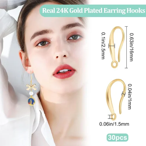 Miniatura 2 de Beebeecraft 1 caja de 30 ganchos para aretes franceses, chapados en oro de 24 quilates, ganchos de alambre con lazo para colgar peces para hacer