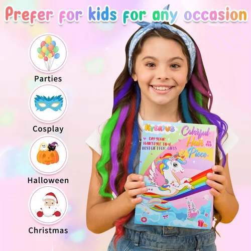 Miniatura 4 de Kyerivs 48 extensiones de cabello con clip de colores, regalo para niñas, extensiones de cabello arcoíris de 20 pulgadas para niñas, accesorios