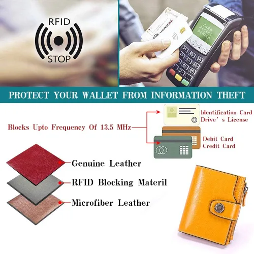 Miniatura 6 de FALAN MULE - Cartera pequeña plegable para mujer de cuero genuino, compacta, con bloqueo RFID, Aa_Yellow), 5206
