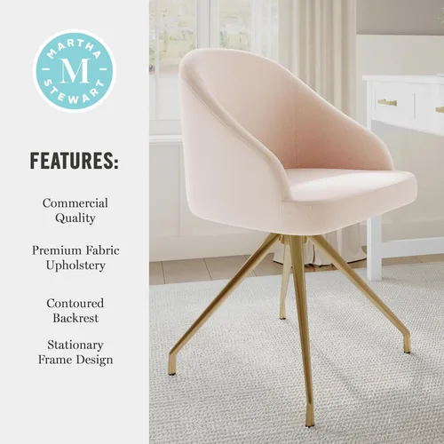 Miniatura 8 de Martha Stewart Sora Silla de Trabajo Giratoria Fija con Brazos Inclinados para Oficina en Casa en Tela Conch Shell con Marco de Latón Pulido