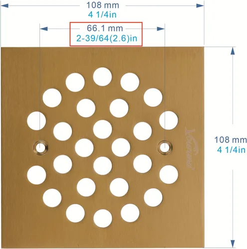 Miniatura 2 de Colador de rejilla de drenaje cuadrado de 4-1/4 (4.25) pulgadas (4.252 in* 4.252 in) para piso de ducha (oro cepillado)