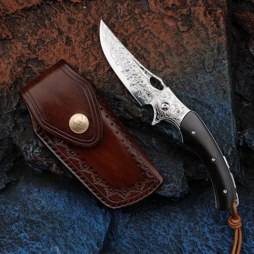 Miniatura 8 de Cuchillo plegable japonés VG10 de acero Damasco de 3.5 pulgadas para exteriores con mango de madera negra, cerradura forrada, uso EDC y camping