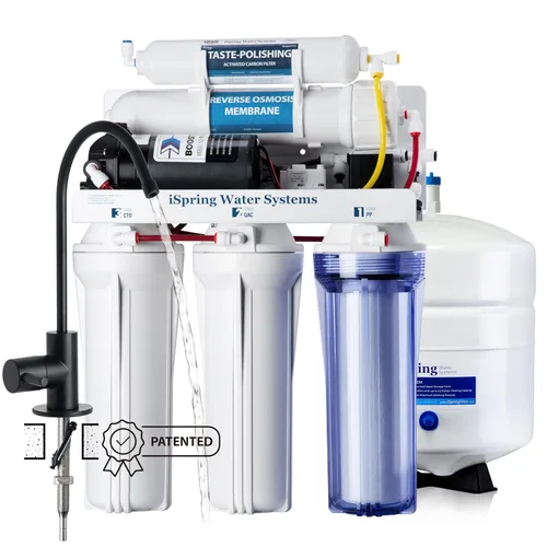 Miniatura 9 de Sistema de filtrado de agua potable con bomba aumentadora de presión iSpring rcc7p 5 estaciones, máximo rendimiento por ósmosis inversa. Níquel