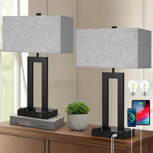 Miniatura 8 de Juego de lámparas de mesa modernas de 2 a 22 pulgadas de alto con puertos de carga USB-C/USB-A y tomacorriente, tela regulable continua, lámparas