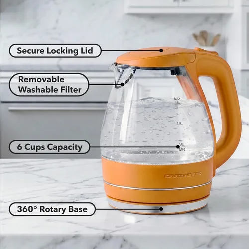 Miniatura 2 de OVENTE Hervidor Eléctrico, 1.5L de Vidrio de Borosilicato para Encimera, Calentador y Hervidor de Agua para Café o Té, Libre de BPA, Apagado Naranja