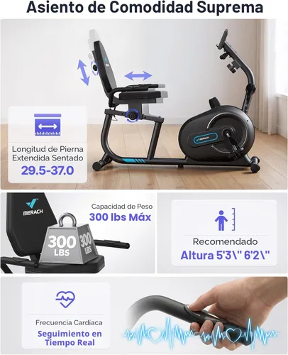 Miniatura 2 de MERACH Bicicleta Reclinable Estática para el Hogar con Bluetooth Inteligente y Aplicación Exclusiva para Bicicletas de Ejercicio, LCD, Manillar