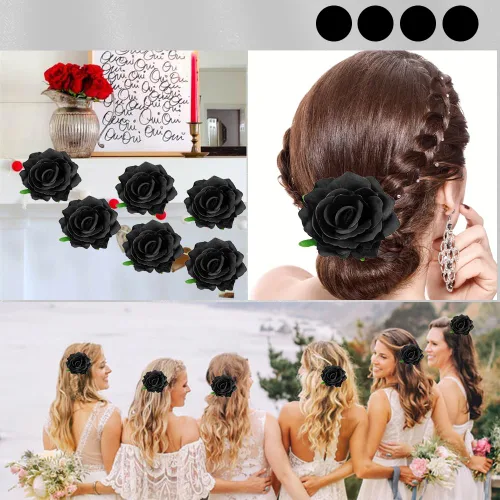 Miniatura 7 de Ahoney 6 pinzas para el cabello de flores negras para mujeres y niñas, accesorios para el cabello negro, flores florales, pinzas de cocodrilo, Beige