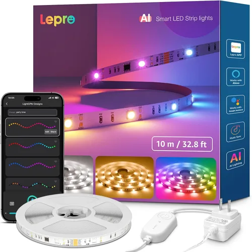 Miniatura 10 de Lepro Tira de luces LED inteligentes S2 AI – Tiras de luz RGBCW de 16.4 pies con 2700K-5700K blanco cálido sintonizable, segmento de color DIY