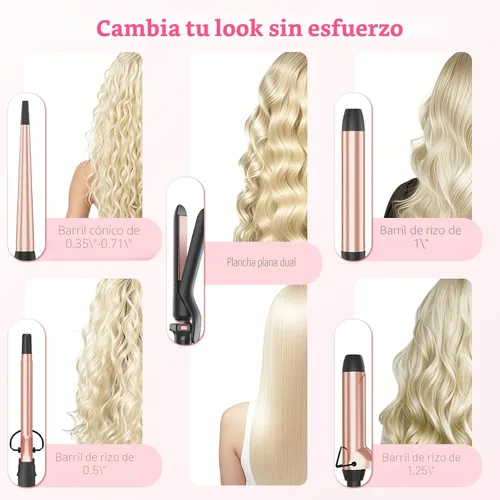 Miniatura 2 de Ufree Rizador 5 en 1 con cilindros de cerámica intercambiables (0.35"-1.25"), juego de varita rizadora con plancha alisadora de cabello, Oro rosa
