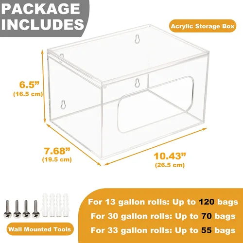 Miniatura 5 de SEANADO Dispensador de bolsa de basura extra grande con soporte para rollo y tapa - Caja de almacenamiento apilable de acrílico para montaje en Tapa