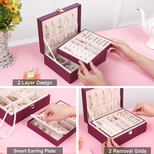 Miniatura 3 de Voova - Joyero organizador para mujeres y niñas, 2 capas de almacenamiento de joyas grandes para hombres, soporte para joyas de piel sintética