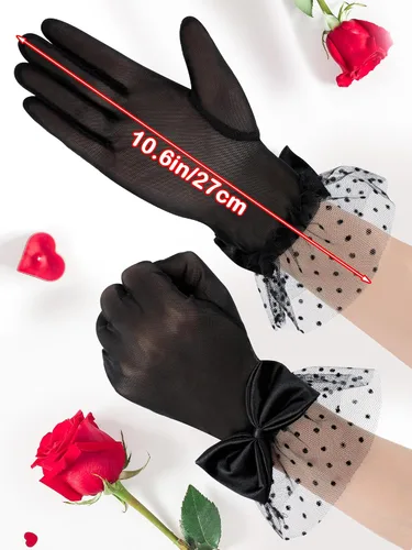 Miniatura 4 de Geyoga 3 pares de guantes de encaje con lazo de leopardo para mujeres y niñas, elegantes guantes cortos de seda, guantes de fiesta de té para cenas
