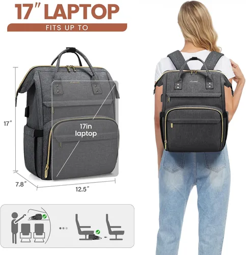 Miniatura 6 de LOVEVOOK - Mochila para laptop para mujer, de viaje, de negocios, de trabajo, bolso para computadora, Gris oscuro, 17 pulg.