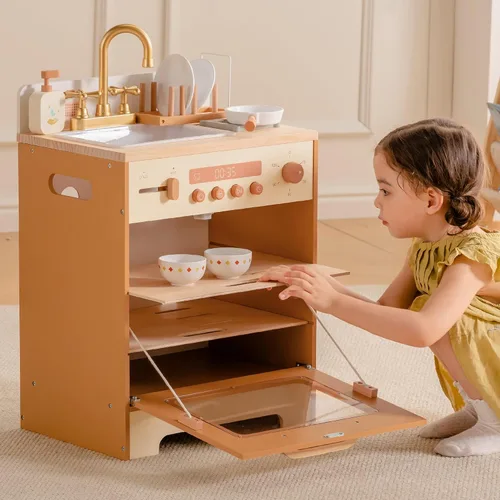 Miniatura 7 de ROBOTIME Fregadero Lavavajillas de Juguete de Madera – Juguete de Cocina de Imitación Color Caramelo con Grifo Dorado, Perillas Giratorias, Estante