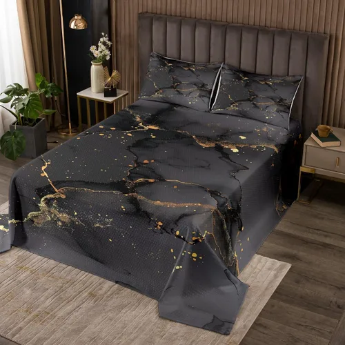 Erosebridal Juego de colcha de mármol negro tamaño Queen con lentejuelas metálicas doradas, juego de colcha de mármol gris oscuro, juego de ropa de