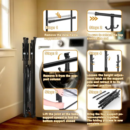 Miniatura 5 de Tendedero portátil plegable para ropa – Varillas ajustables dobles extensibles (33.1 a 56.7 pulgadas) – Diseño fácil de no montar que ahorra espacio