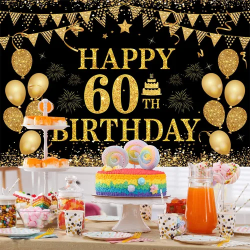 Miniatura 4 de Cartel de cumpleaños número 60, negro y dorado, 71 x 45 pulgadas, decoración de feliz cumpleaños 60 Oro negro 60