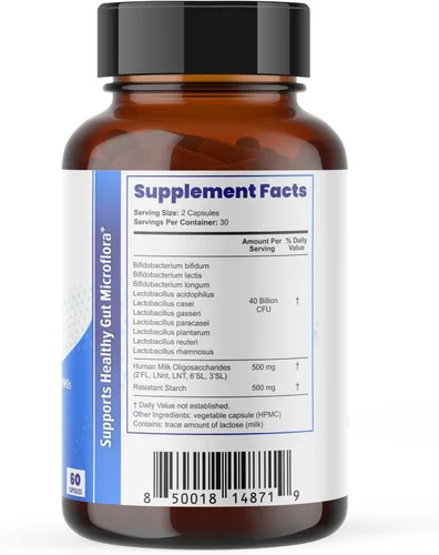 Miniatura 7 de SuperHMO: Cápsulas Sinbióticas con 5 Prebióticos HMO y 40 mil millones de probióticos CFU - Bifidobacterias y Lactobacillus, 60