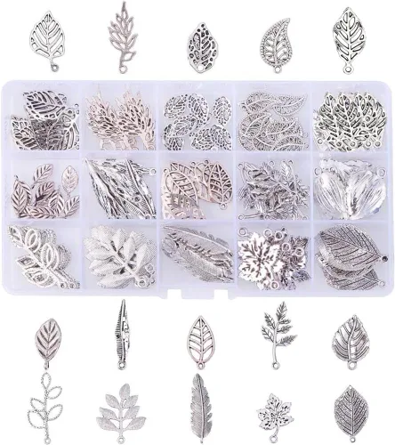 PH PandaHall 150 dijes de hoja de árbol, 15 estilos de filigrana de hoja de metal, dijes de plantas de aleación tibetana de plata antigua, colgantes