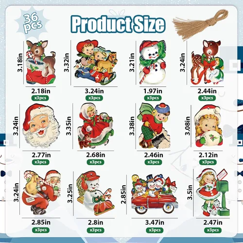 Miniatura 4 de 36 adornos de Navidad vintage para decoración de árboles, adornos retro de madera con niña, muñeco de nieve, decoración navideña de reno para árbol