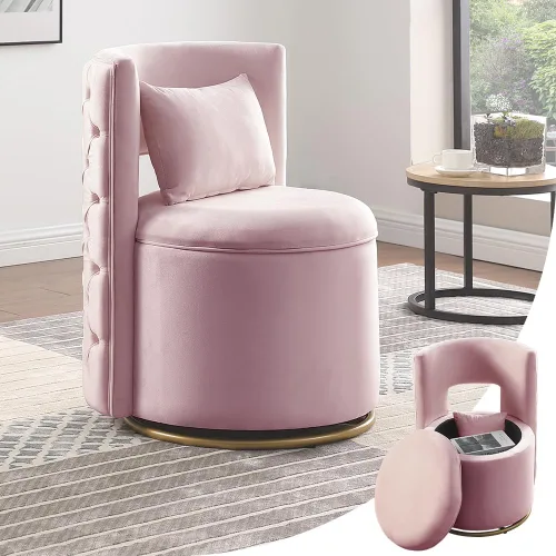 Miniatura 10 de Silla de acento giratoria, sofá redondo de terciopelo de almacenamiento, silla tapizada con barril moderno para guardería, sala de estar, hotel