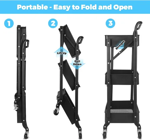Miniatura 2 de Carrito plegable de metal de 3 niveles, carrito organizador plegable de almacenamiento multifunción para oficina en casa y biblioteca (negro)