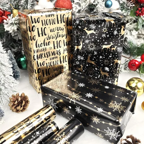 Miniatura 4 de LDGOOAEL Mini rollo corto de papel de regalo de Navidad con líneas de corte en el reverso (17 x 120 pulgadas por rollo), papel de regalo negro