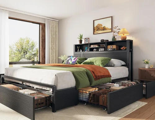 Miniatura 8 de EnHomee Base de cama de tamaño matrimonial con 6 cajones de almacenamiento, cabecera y estación de carga, cama de plataforma de metal sin ruido,