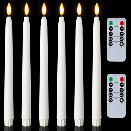 Homemory Velas cónicas cerosas de 11 pulgadas con temporizador remoto, 6 velas cónicas sin llama con llama parpadeante, velas blancas alimentadas