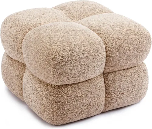 Miniatura 8 de Puf otomano de 21 pulgadas de ancho, taburete cuadrado grande para sofá, otomano bohemio tapizado con tela de peluche para tocador, entrada, Caramelo