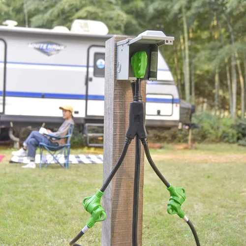 Miniatura 2 de RVGUARD - Cable adaptador RV Y de 50 amperios, enchufe macho 14-50P a dos hembras TT-30R de 30 amperios con mango para desconexión, color verde