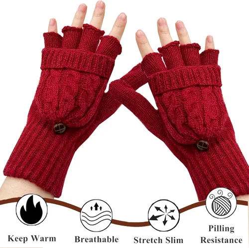 Miniatura 51 de Beurlike Guantes de invierno para mujer, de lana cálida, a prueba de viento, convertibles, sin dedos