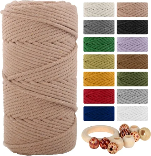 Miniatura 39 de Cordón de algodón macramé 5mmx109 yardas 4 hebras, Munzong Natural hecho a mano 4 cuerdas de algodón trenzadas para colgar en la pared, tejido