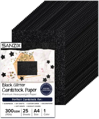 SANZIX 25 hojas de papel de cartulina negra con purpurina - 8.2"x11.7", 110lb 300 GSM, cartulina negra brillante pesada con purpurina para álbumes