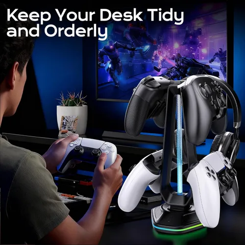 Miniatura 4 de Soporte para auriculares RGB con 9 modos de luz y 2 puertos de carga USB, soporte para controlador para escritorio, soporte para auriculares