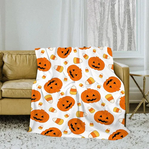 Miniatura 5 de Manta de Halloween de otoño y Halloween, calabazas naranjas con maíz de caramelo, manta ultra suave, manta ligera para sofá y cama, decoración