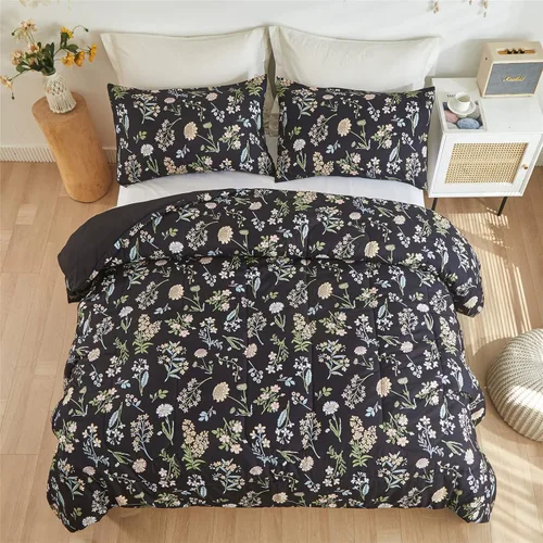 Miniatura 4 de Juego de edredón floral tamaño Twin, edredón negro estampado de hojas de flores botánicas amarillas y verdes para niños, adolescentes y mujeres
