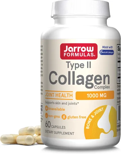 Jarrow Formulas® Complejo de colágeno tipo II de 1000 mg suplementos, apoya la salud de la piel y las articulaciones, 60 cápsulas, suministro para